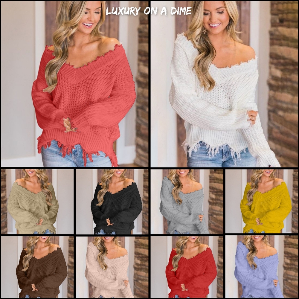Distressed Raw Hem Off Shoulder Wide Neck Long Sleeve Waffle Knit Sweater Shirt - Picture 6 of 6